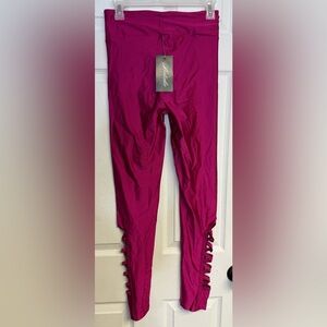 Natalie Dance Wear Shiny Pink Leggings Lattice Detail New With Tags Full Length